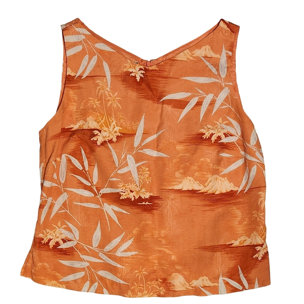 Tommy Bahama Coral Orange Tropical Print Silk Blouse